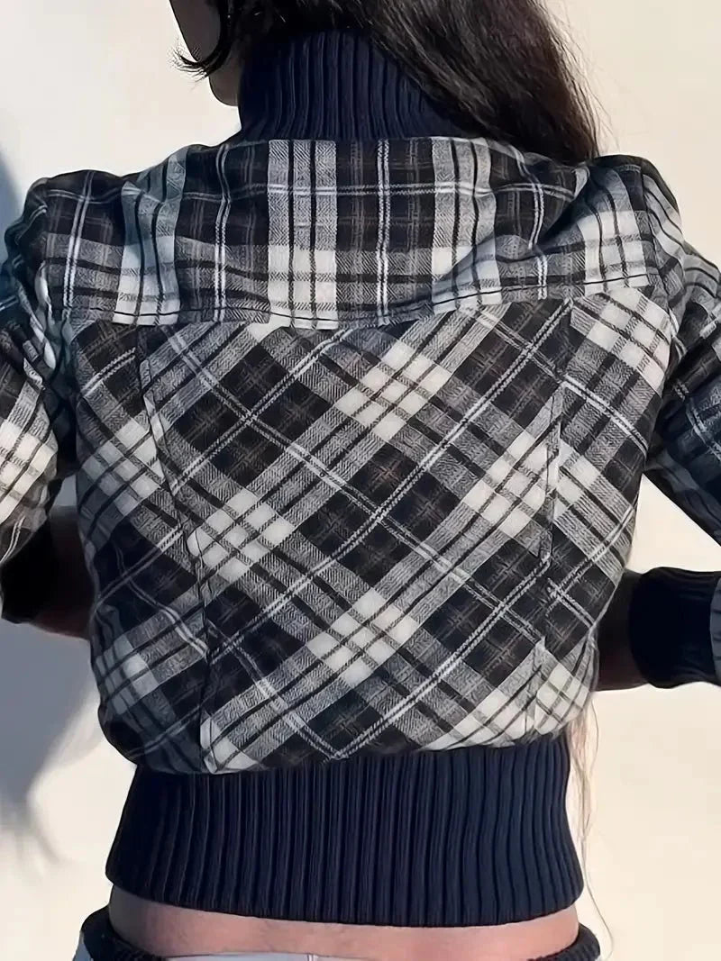 Damen-Kurzjacke — Kariertes Muster, hoher Kragen, elastische Bündchen