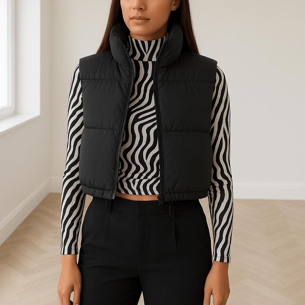 Gilet corto da donna — Senza maniche, collo alto con zip, imbottito