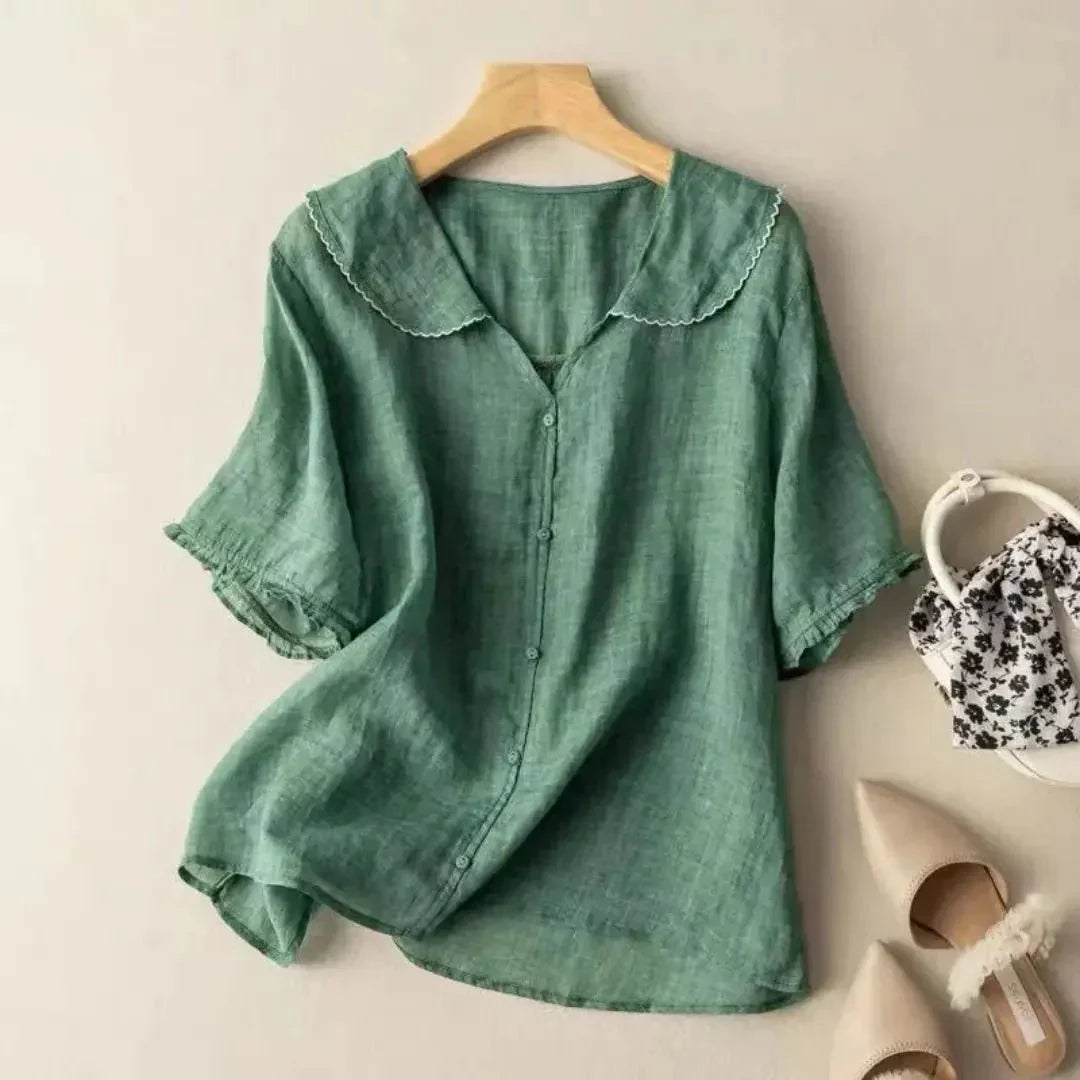 Blusa de lino para mujer - Corte relajado, escote en V, detalle de dobladillo ondulado