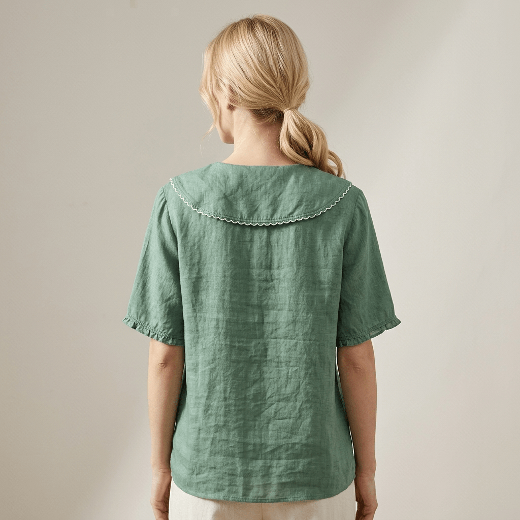 Blusa de lino para mujer - Corte relajado, escote en V, detalle de dobladillo ondulado