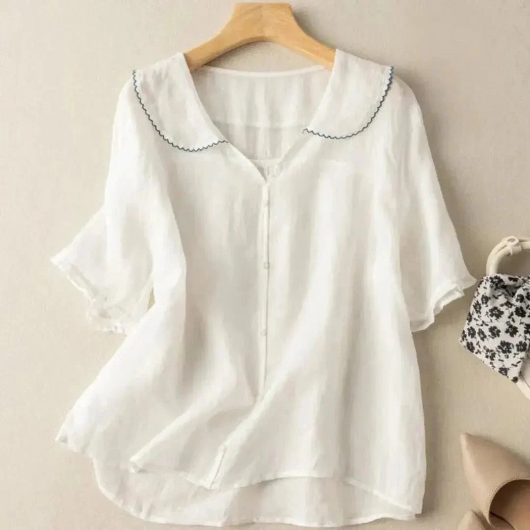 Blusa de lino para mujer - Corte relajado, escote en V, detalle de dobladillo ondulado