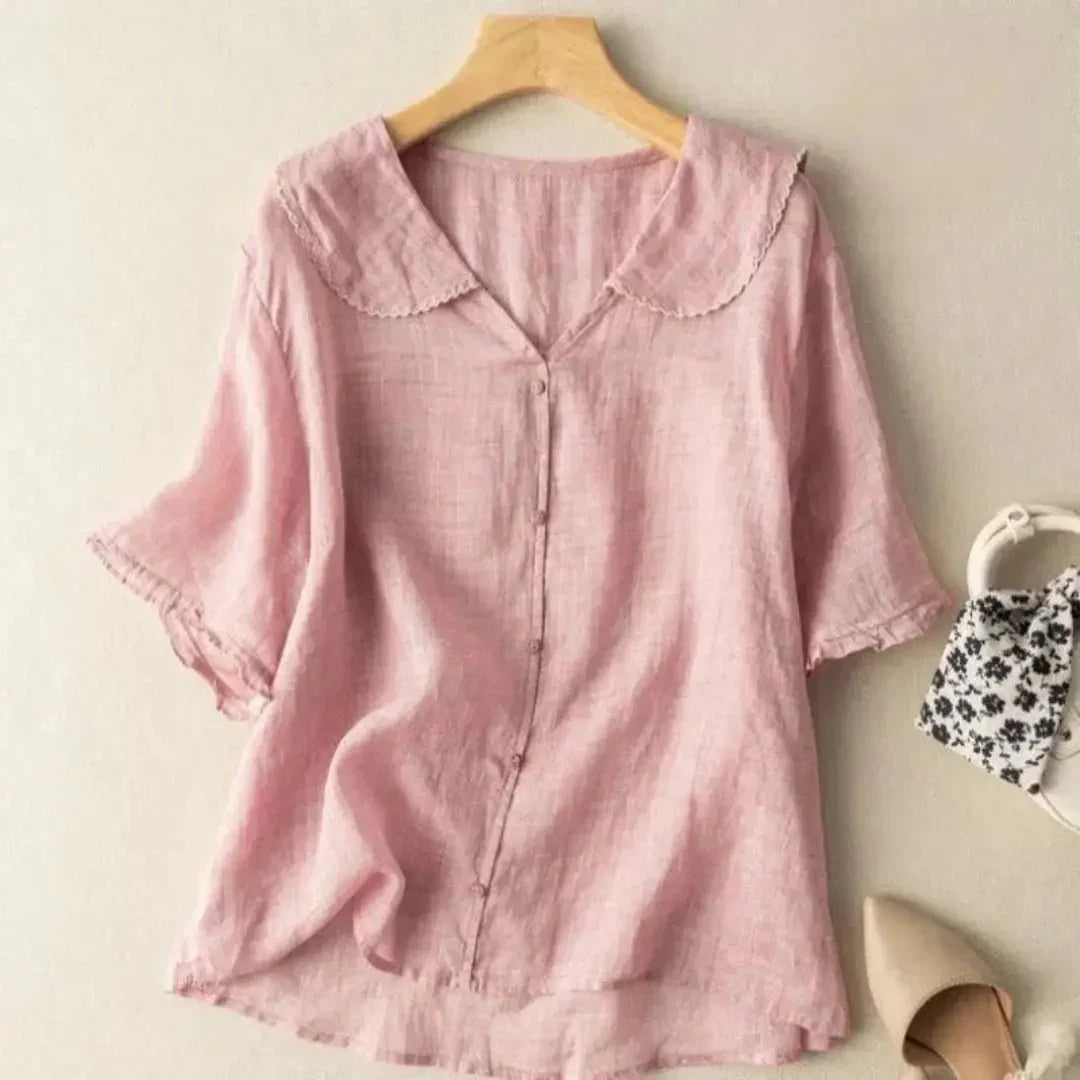 Blusa de lino para mujer - Corte relajado, escote en V, detalle de dobladillo ondulado