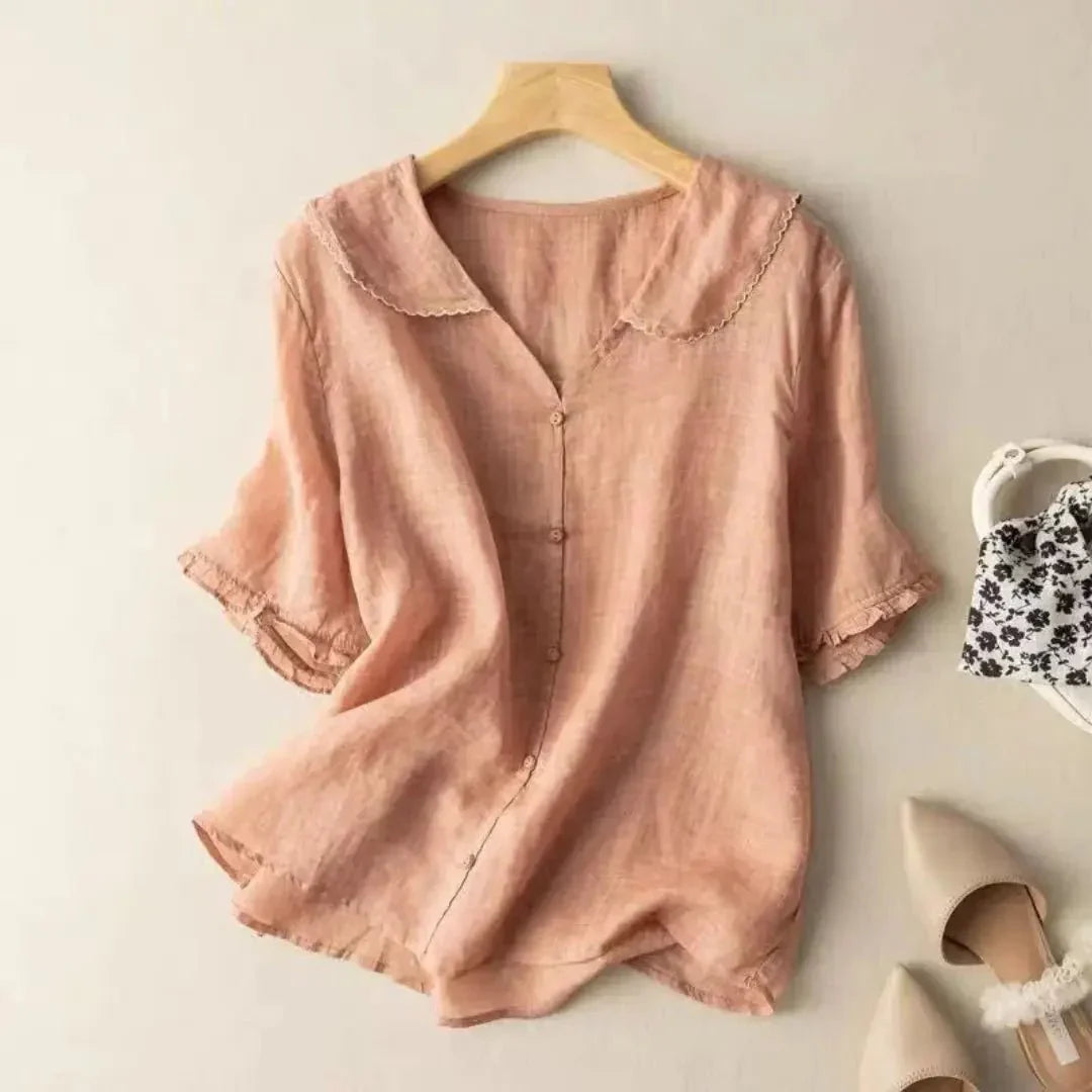 Blusa de lino para mujer - Corte relajado, escote en V, detalle de dobladillo ondulado