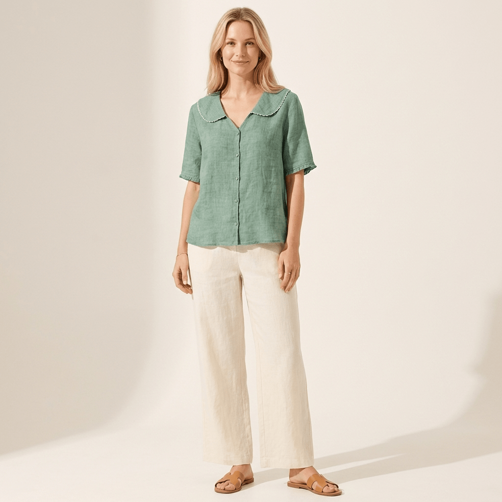 Blusa de lino para mujer - Corte relajado, escote en V, detalle de dobladillo ondulado
