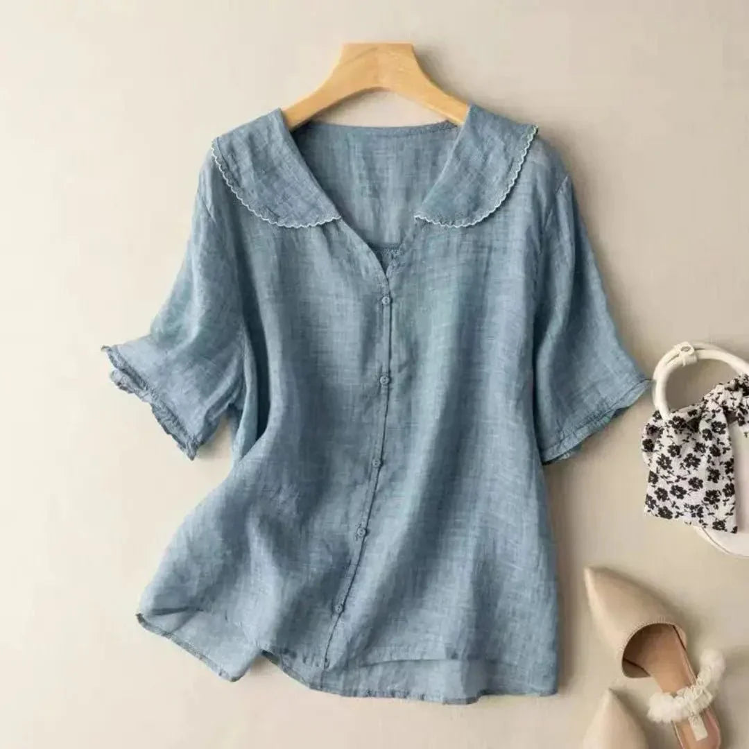 Blusa de lino para mujer - Corte relajado, escote en V, detalle de dobladillo ondulado