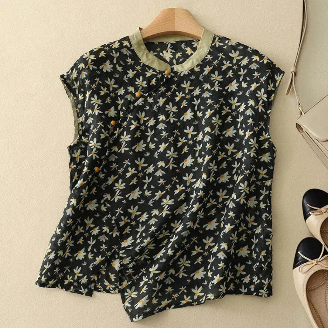Blusa da donna in lino - senza maniche, colletto alla mandarino, patta con bottoni