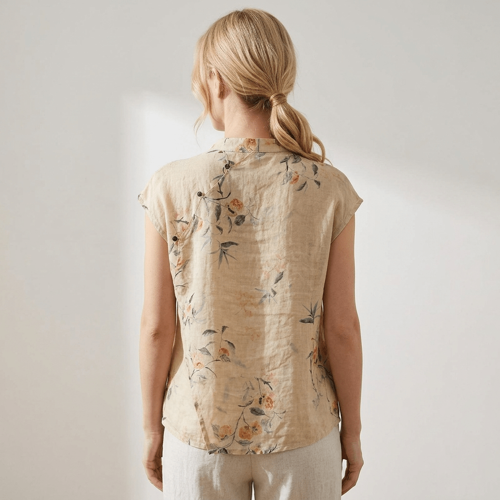 Blusa da donna in lino - senza maniche, colletto alla mandarino, patta con bottoni