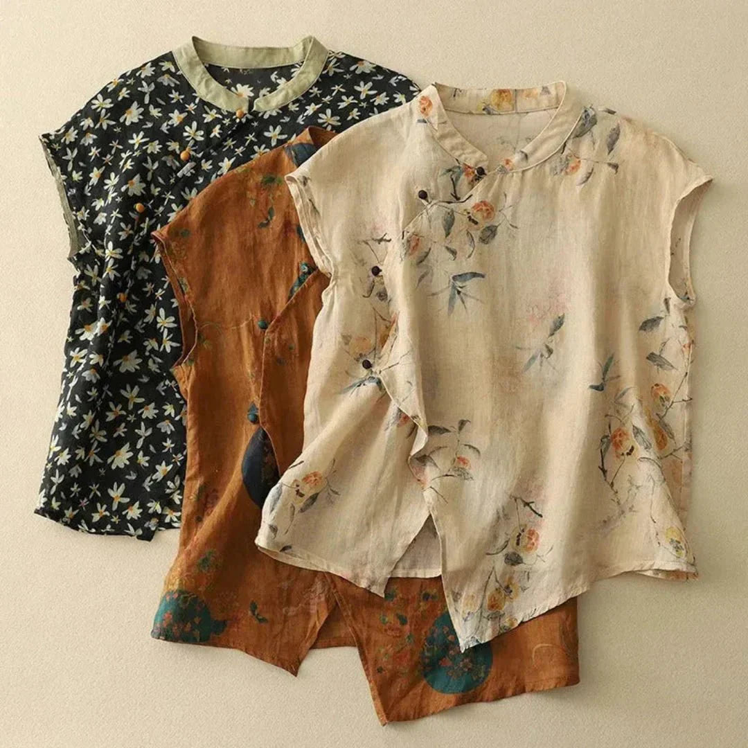 Blusa da donna in lino - senza maniche, colletto alla mandarino, patta con bottoni