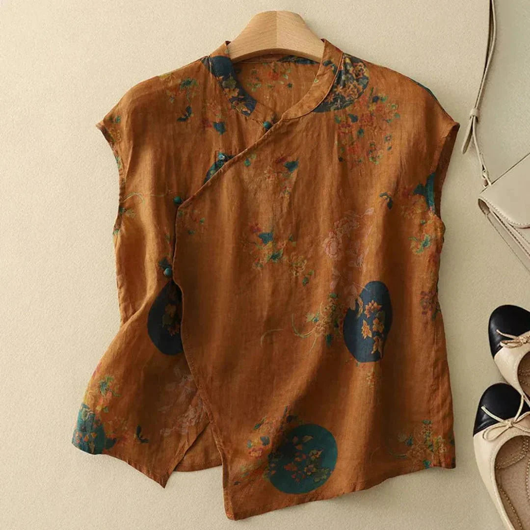 Blusa da donna in lino - senza maniche, colletto alla mandarino, patta con bottoni