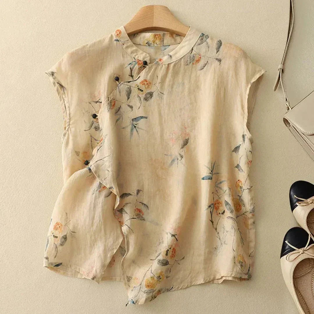 Blusa da donna in lino - senza maniche, colletto alla mandarino, patta con bottoni