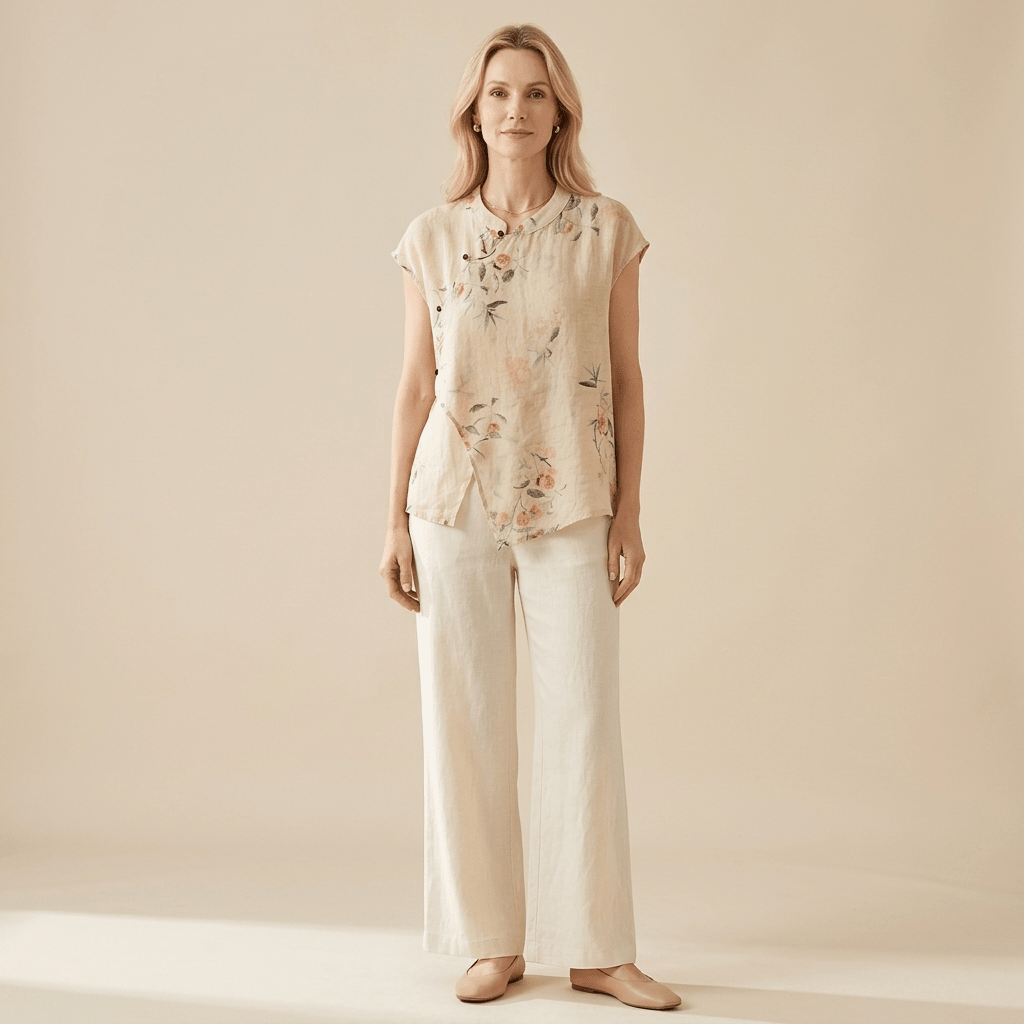 Blusa da donna in lino - senza maniche, colletto alla mandarino, patta con bottoni