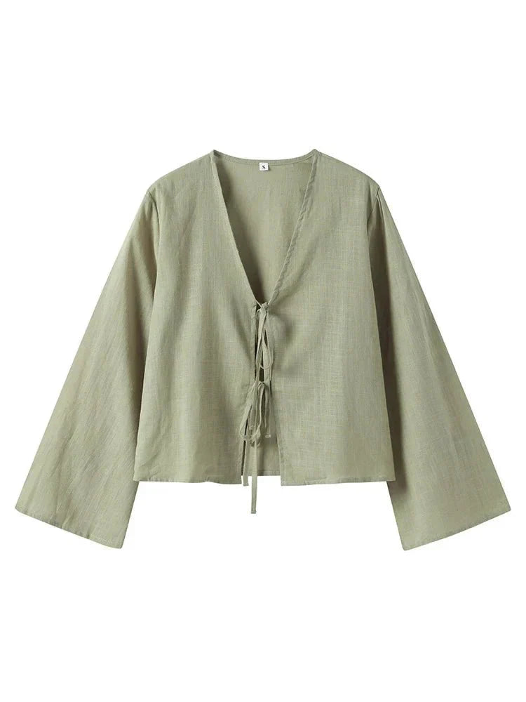Women's Linen Crop Top - Front Tie Structured Fit