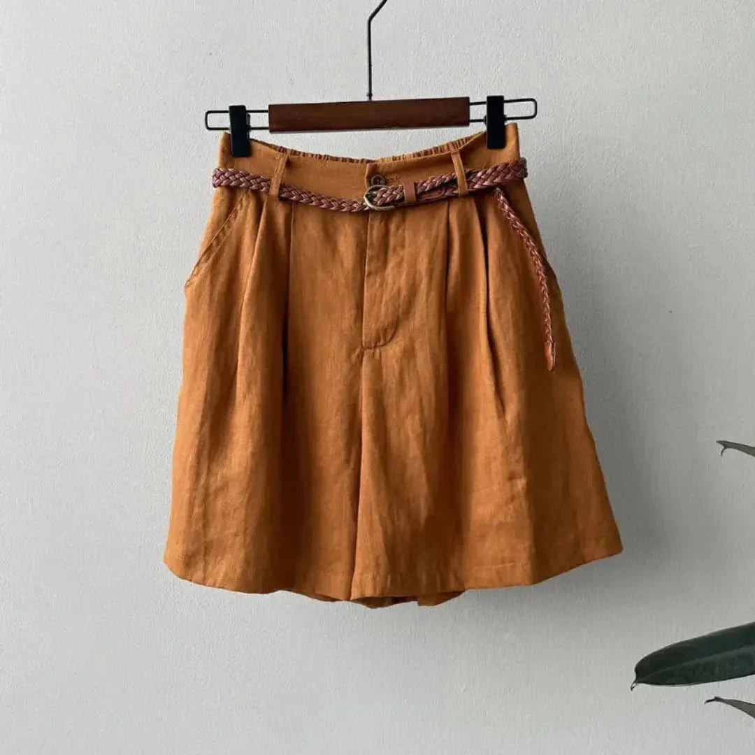 Leinen-Shorts Damen, hohe Taille, Falten, elastischer Bund