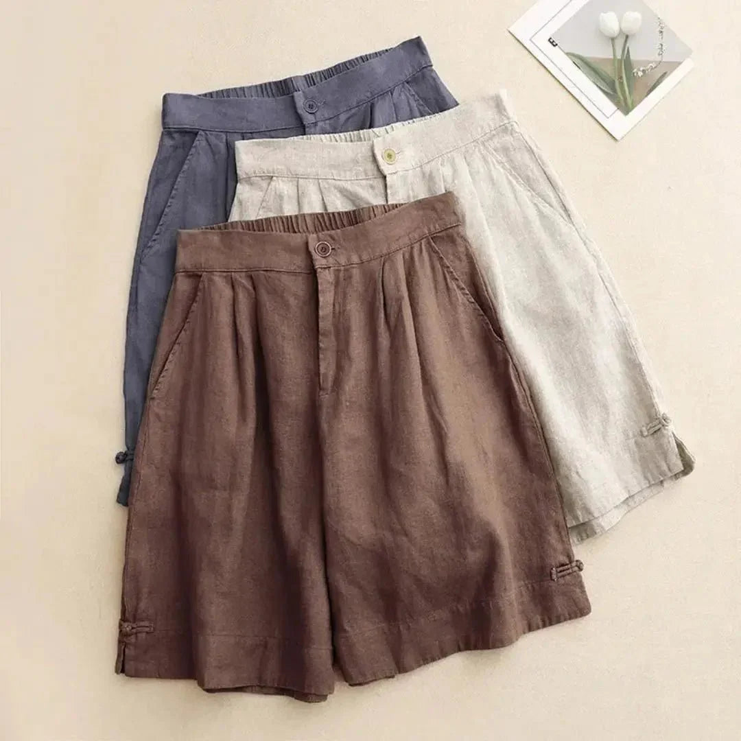 Leinen-Shorts Damen, hohe Taille, lockere Passform, Knopfverschluss