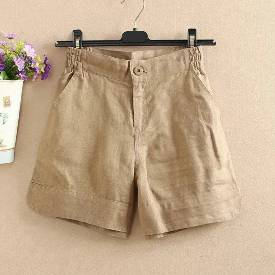 Shorts in lino donna a vestibilità ampia — Lunghezza media, chiusura con bottoni