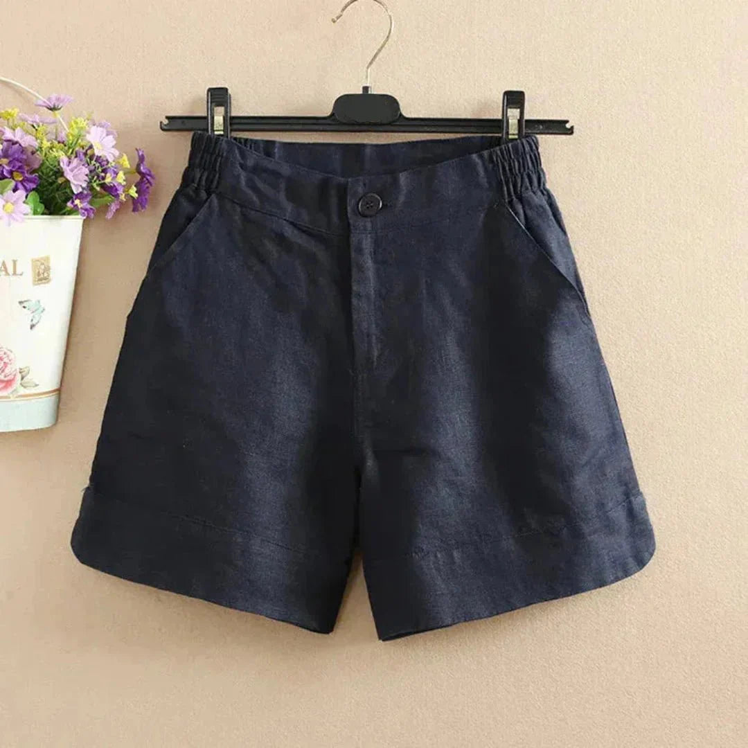 Shorts in lino donna a vestibilità ampia — Lunghezza media, chiusura con bottoni