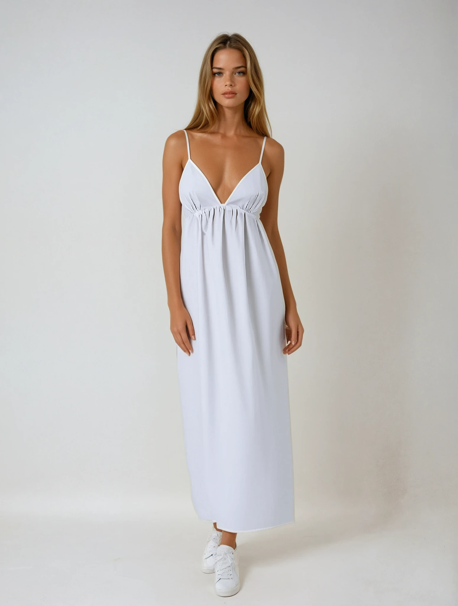Damen Maxikleid — V-Ausschnitt, ärmellos, offener Rücken, bodenlang