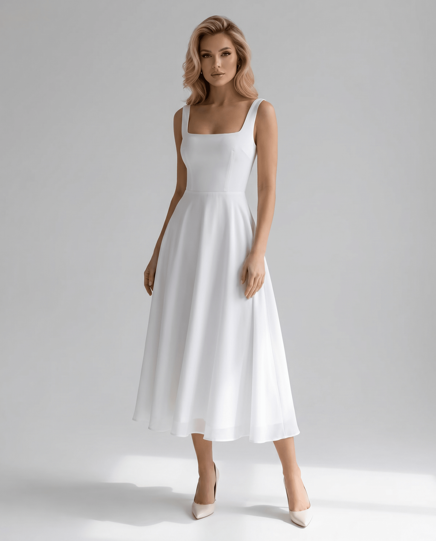 Robe midi femme — coupe trapèze col carré corsage structuré