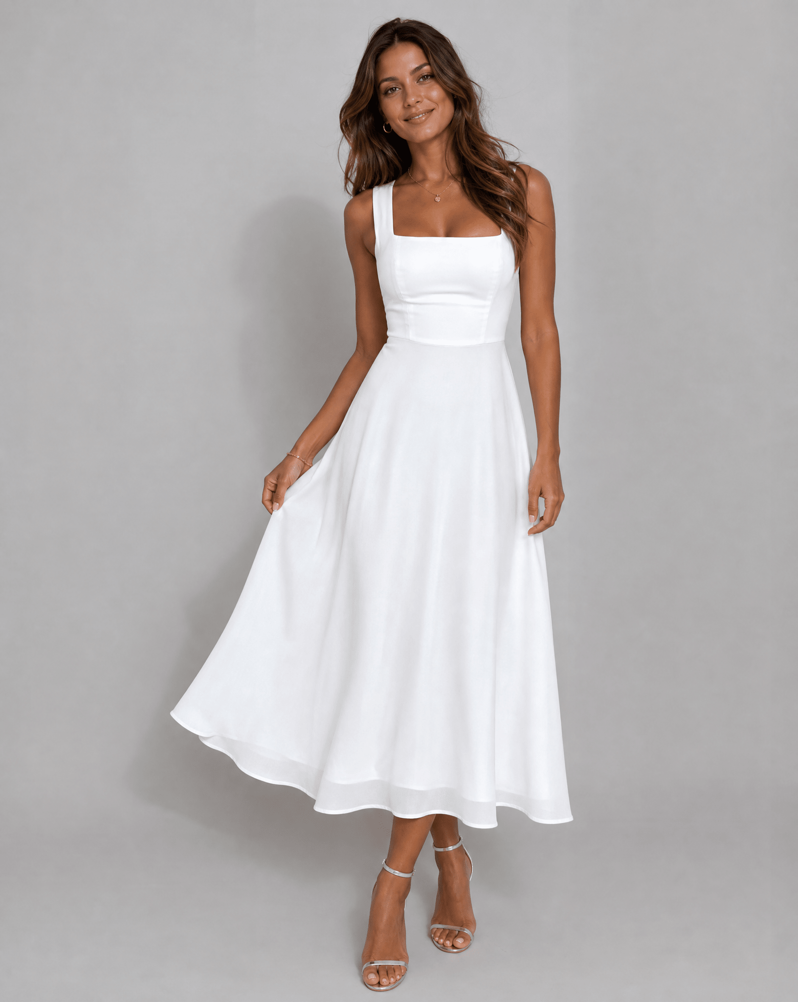 Robe midi femme — coupe trapèze col carré sans manches