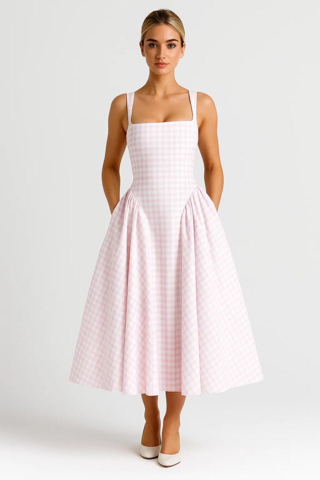 Vestido midi para mujer — Estampado a cuadros, tirantes finos y falda acampanada