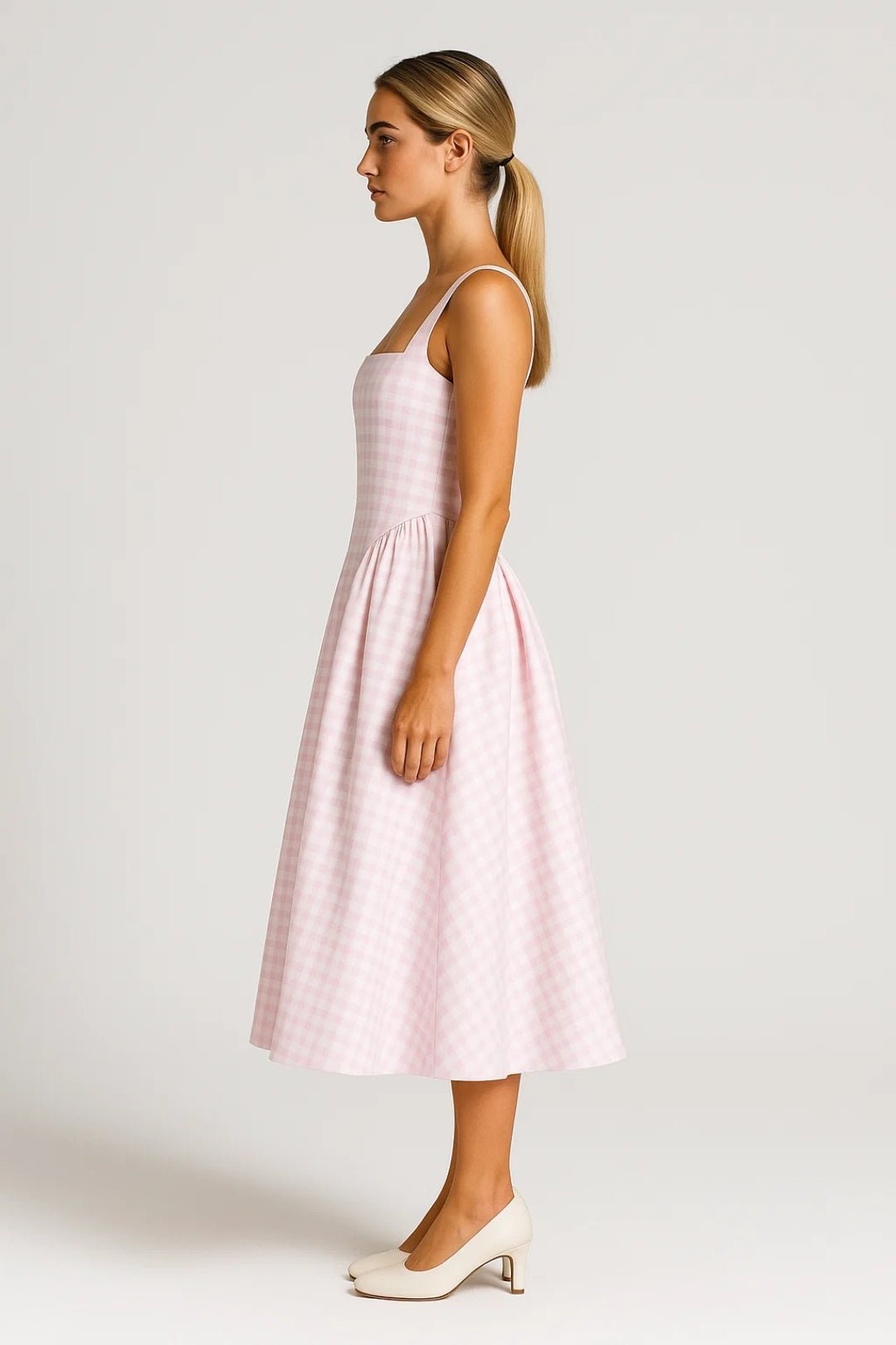 Vestido midi para mujer — Estampado a cuadros, tirantes finos y falda acampanada