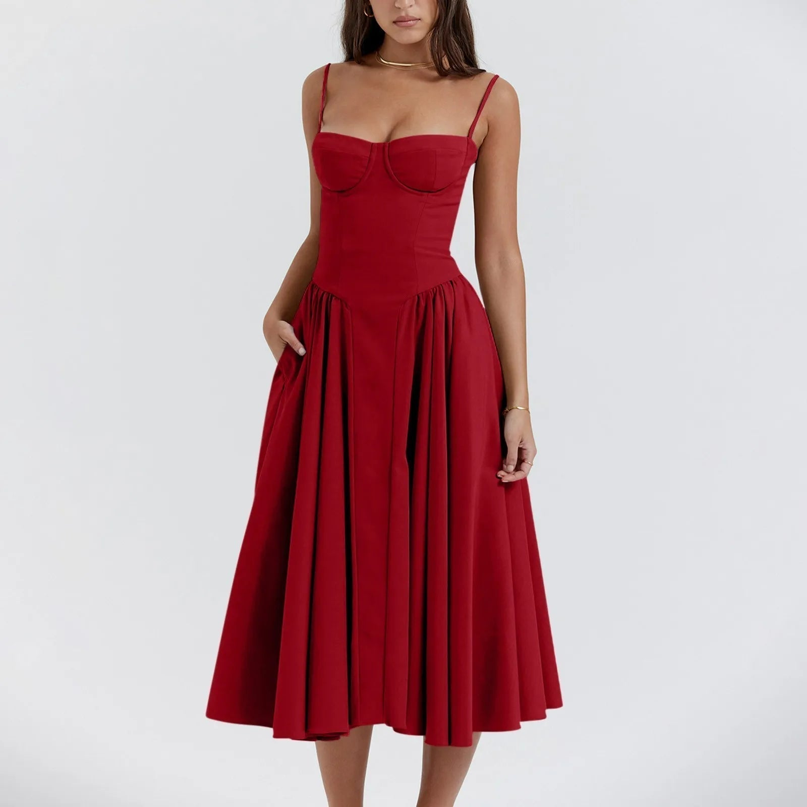 Vestido midi para mujer — corpiño tipo corsé y falda plisada recogida