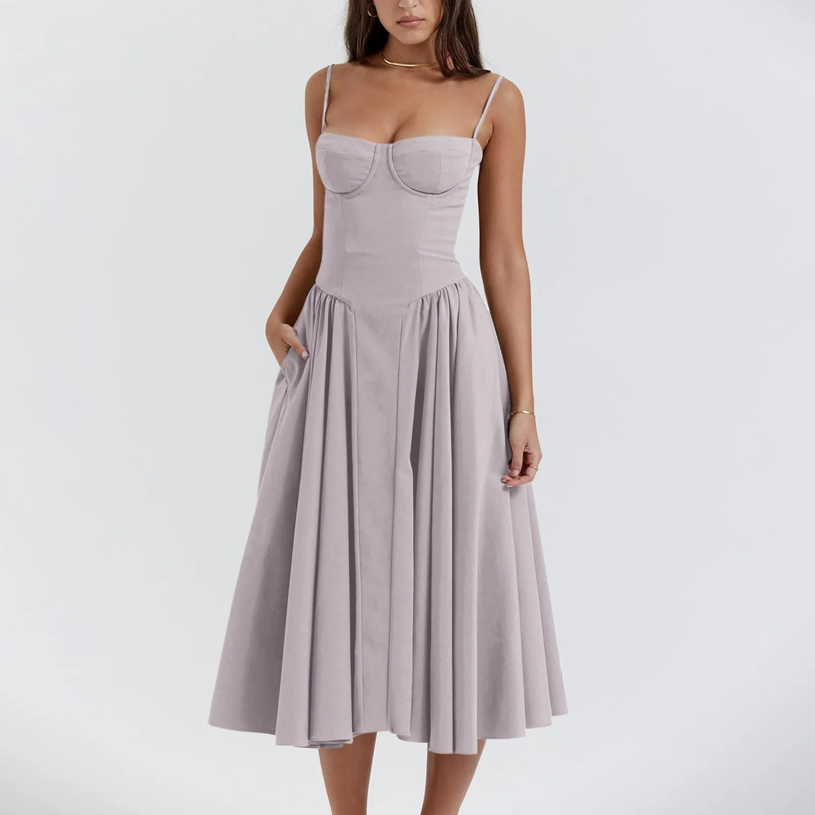 Vestido midi para mujer — corpiño tipo corsé y falda plisada recogida