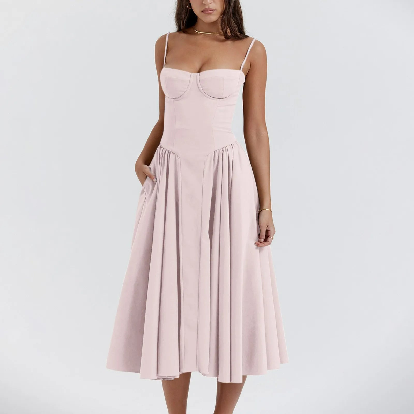 Vestido midi para mujer — corpiño tipo corsé y falda plisada recogida