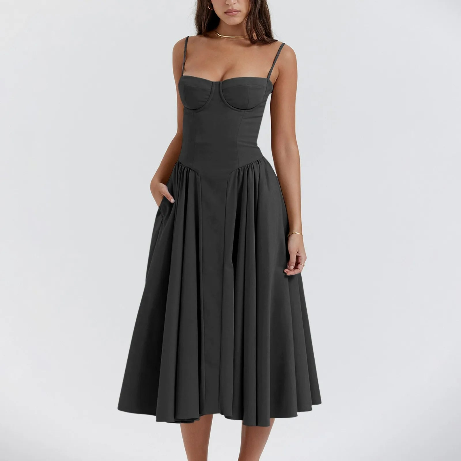 Vestido midi para mujer — corpiño tipo corsé y falda plisada recogida