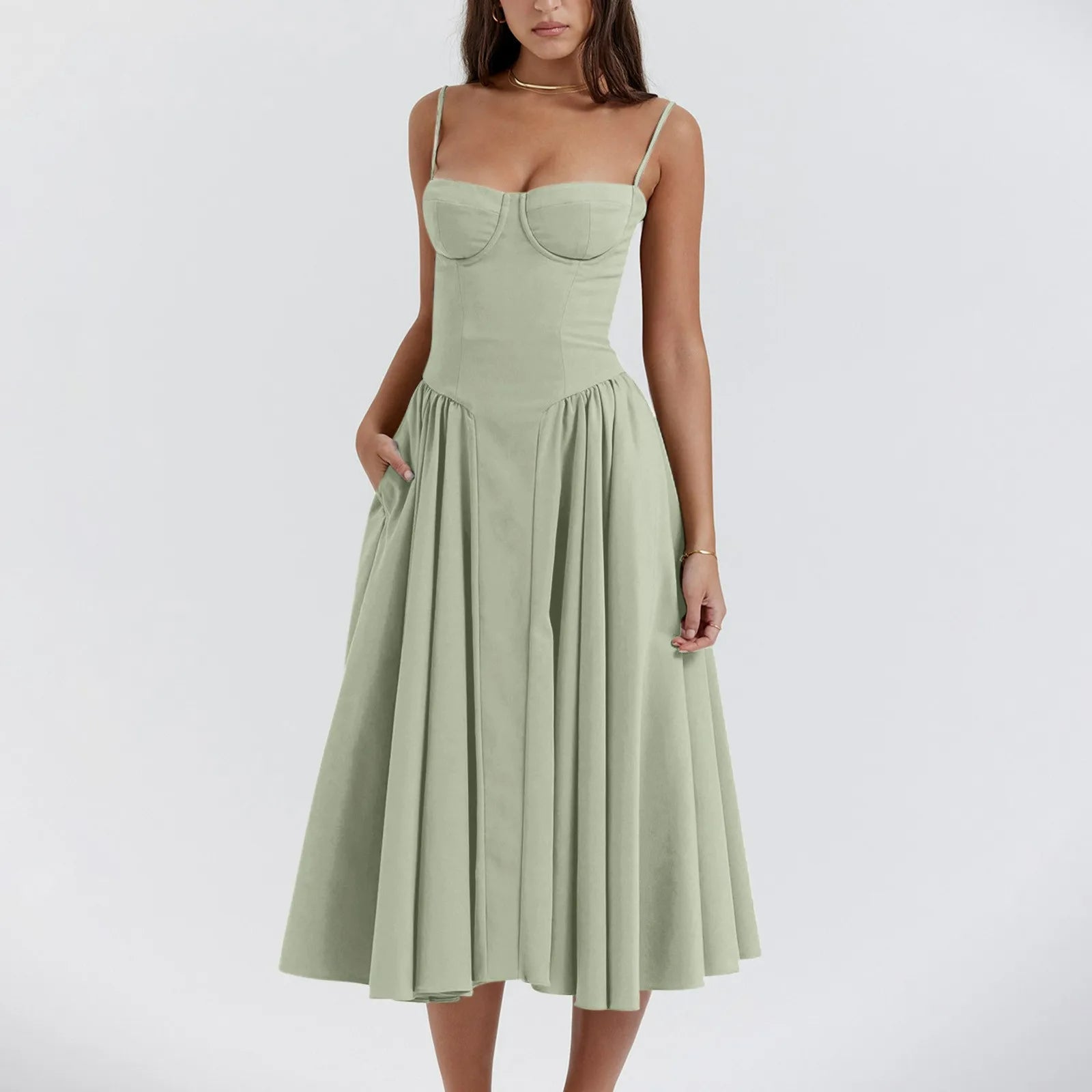 Vestido midi para mujer — corpiño tipo corsé y falda plisada recogida