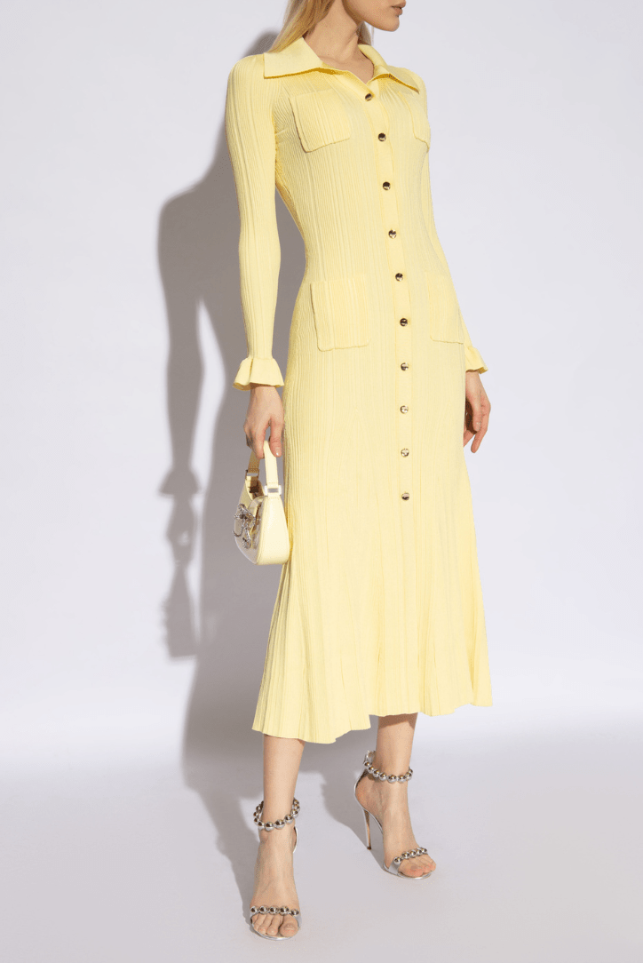 Vestido midi para mujer — tejido de punto, cuello con solapa, manga corta y botones delanteros
