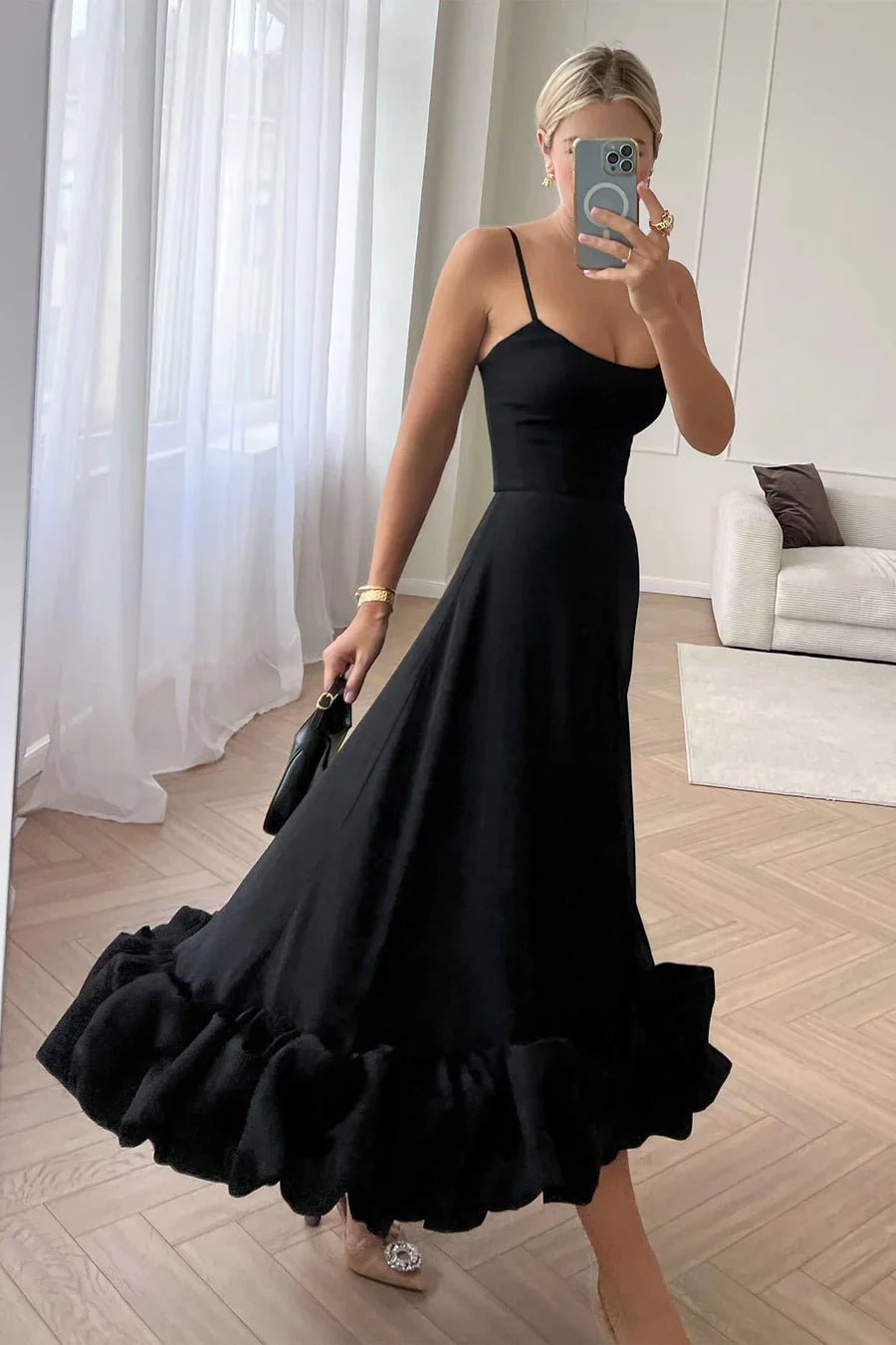 Midikleid für Damen — Ein-Schulter, Rüschensaum, figurbetont