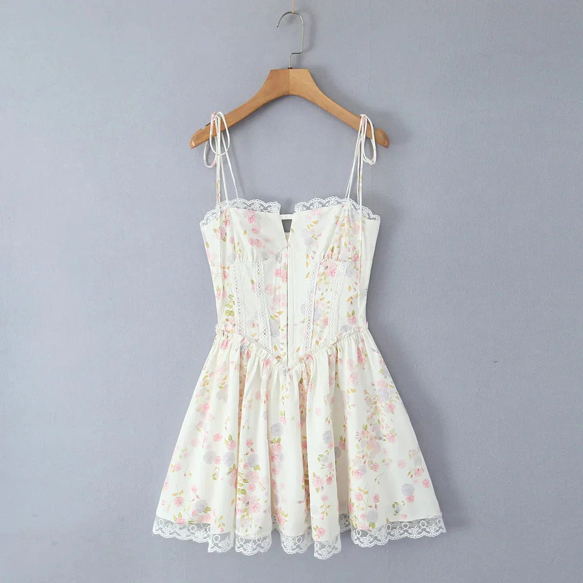 Damen Minikleid — Spitzenstickerei, Taillenband, Korsett-Oberteil