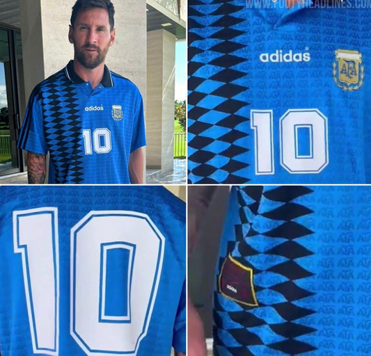 Messi wearing the 1994 Argentina Away Jersey