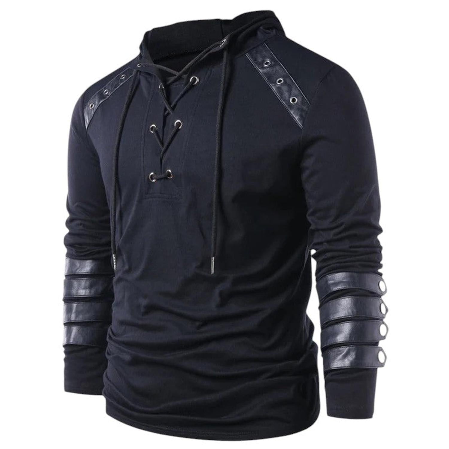 Sudadera con capucha para hombre con cordones cuello en V paneles de cuero sintético manga larga para uso casual