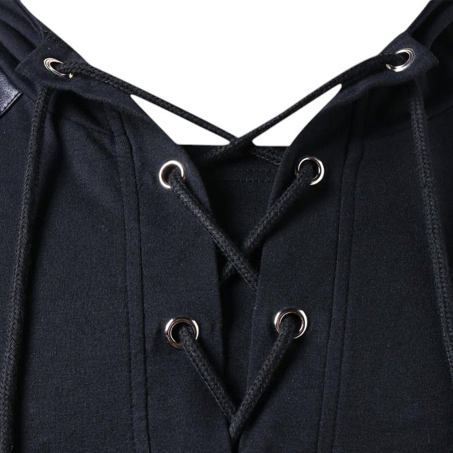 Sudadera con capucha para hombre con cordones cuello en V paneles de cuero sintético manga larga para uso casual