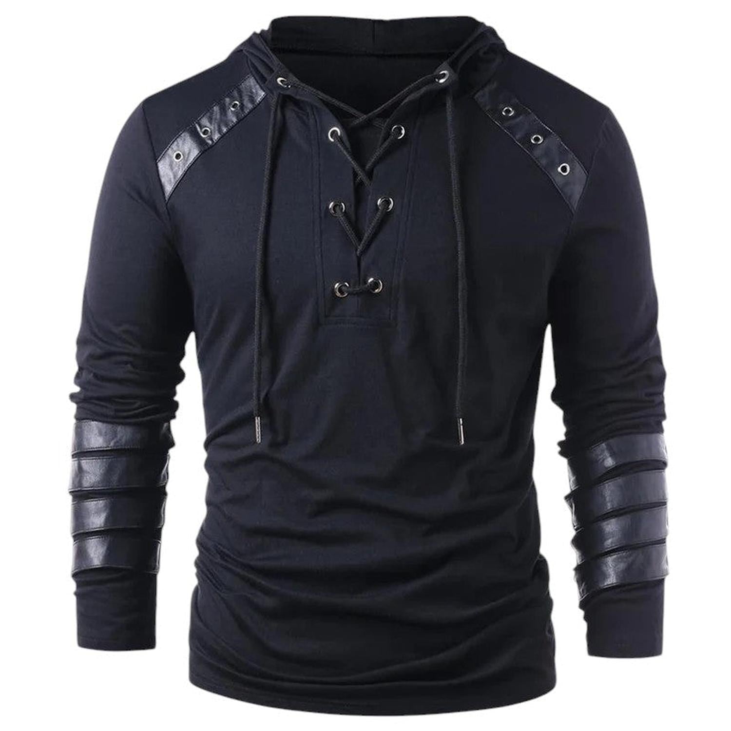 Sudadera con capucha para hombre con cordones cuello en V paneles de cuero sintético manga larga para uso casual