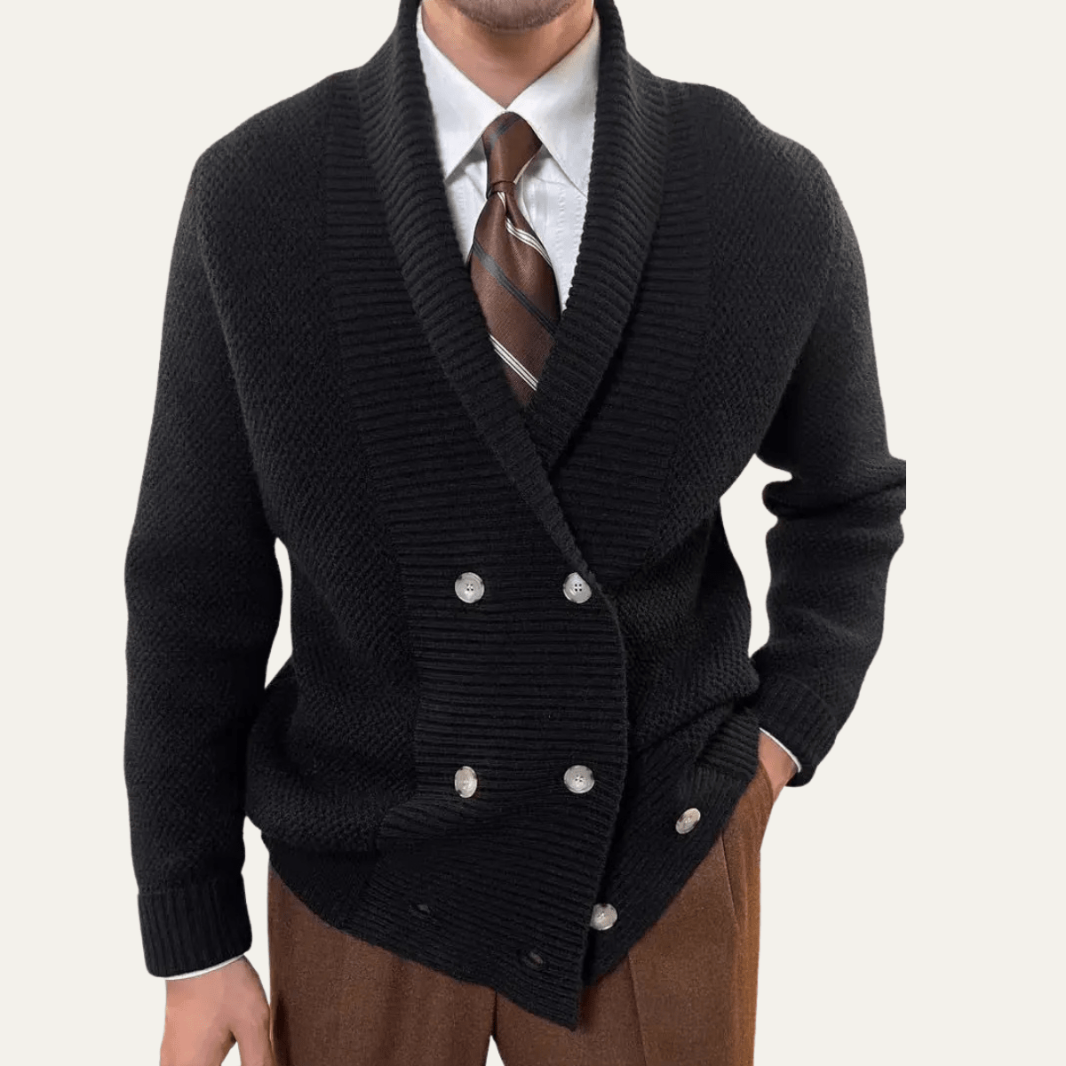 Cardigan Homme — Col Châle Double Boutonnage Design Tricoté