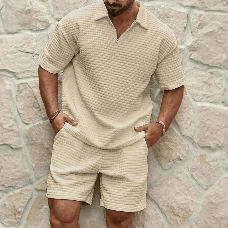 Conjunto Co-Ord para Homem — Polo com Zíper, Calções com Cordão, Corte Relaxado