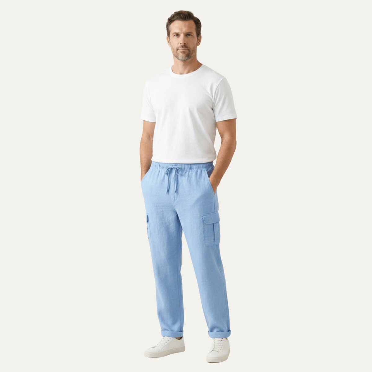 Pantalones cargo de lino para hombre - Corte ancho, diseño con múltiples bolsillos