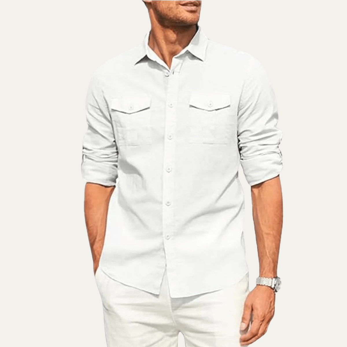 Camisa de lino para hombre ajuste holgado manga larga cierre con botones