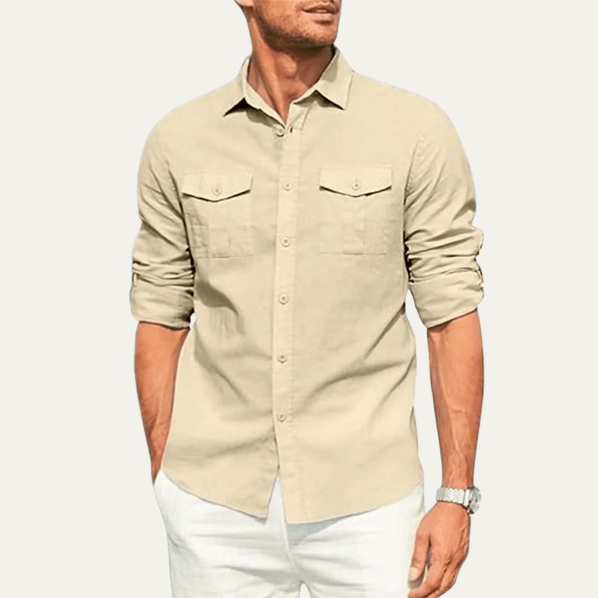 Camisa de lino para hombre ajuste holgado manga larga cierre con botones