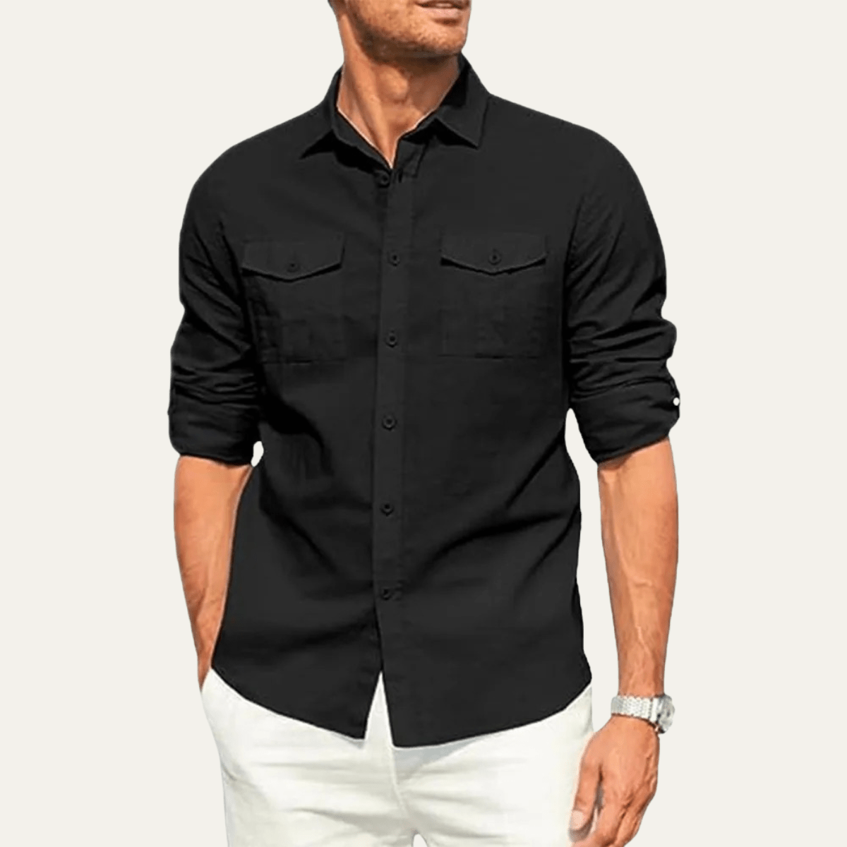 Camisa de lino para hombre ajuste holgado manga larga cierre con botones