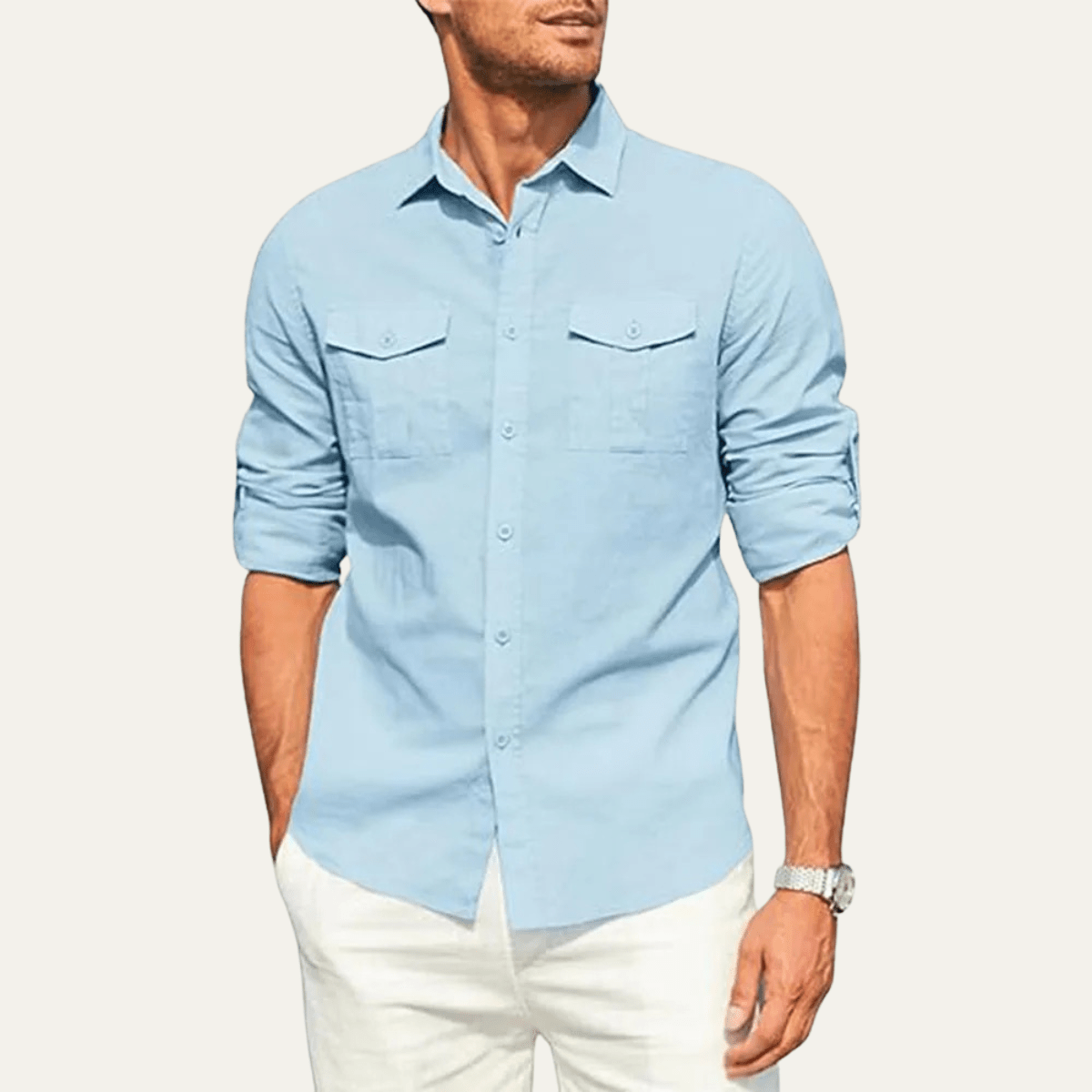 Camisa de lino para hombre ajuste holgado manga larga cierre con botones