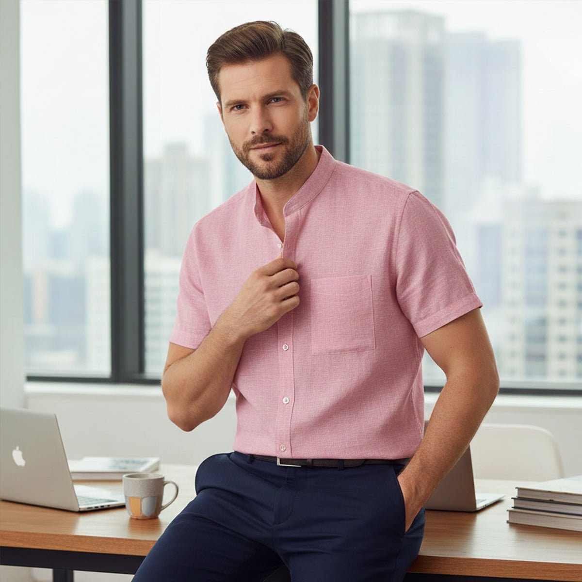Leinenhemd Herren - Oversized-Passform Kurzarm Knopfverschluss Vorne