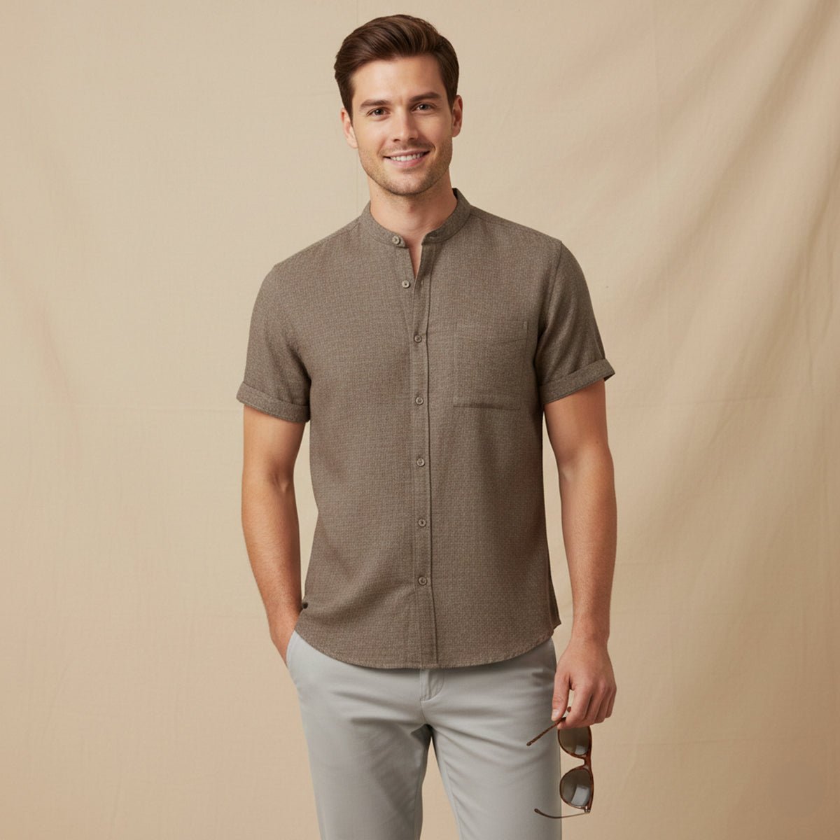 Leinenhemd Herren - Oversized-Passform Kurzarm Knopfverschluss Vorne
