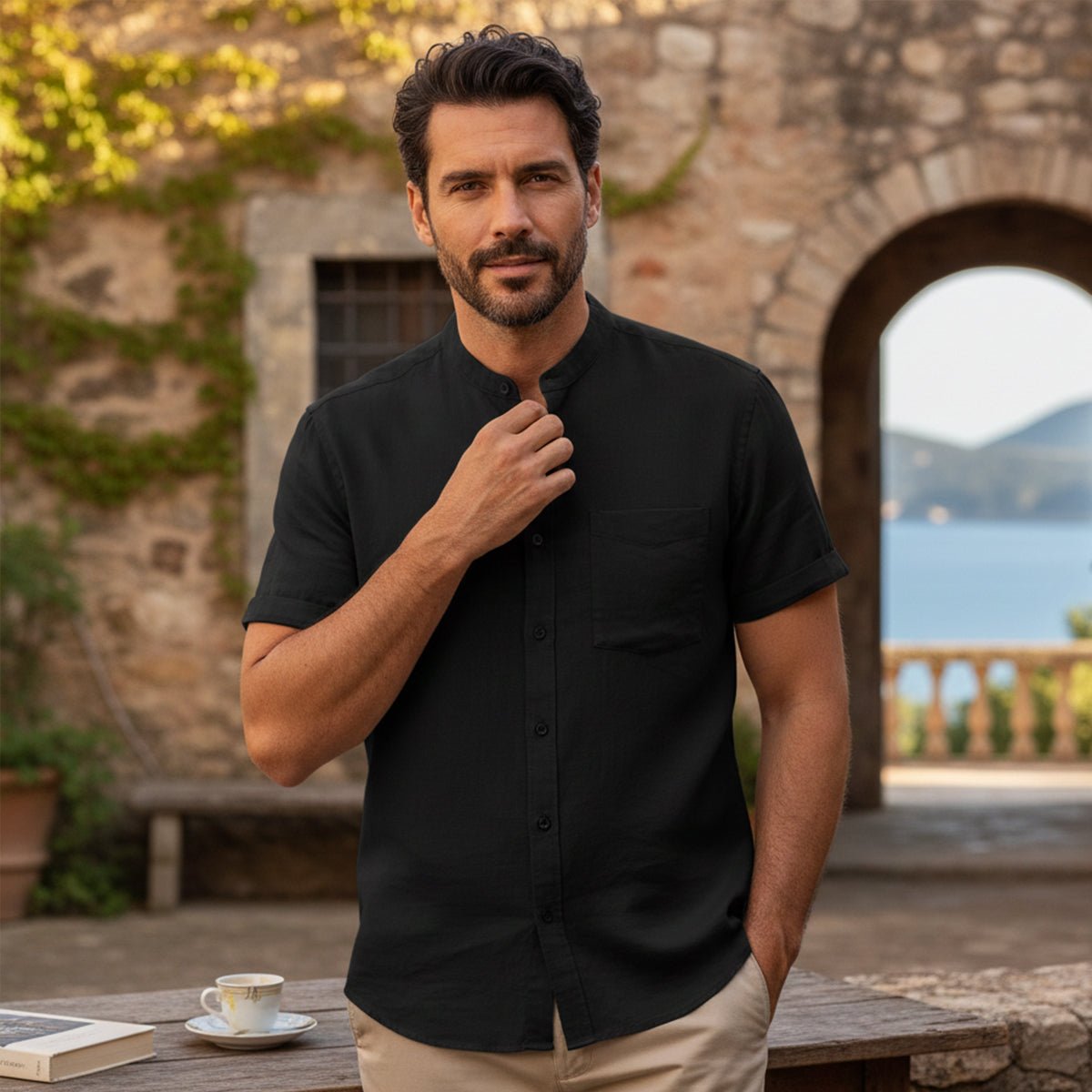 Leinenhemd Herren - Oversized-Passform Kurzarm Knopfverschluss Vorne