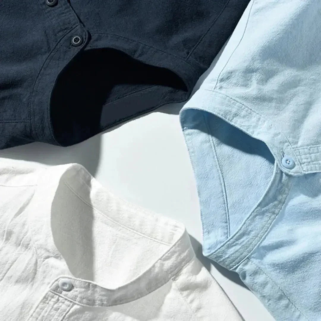 Camicia da uomo in lino — Vestibilità rilassata, maniche a tre quarti, chiusura frontale con bottoni