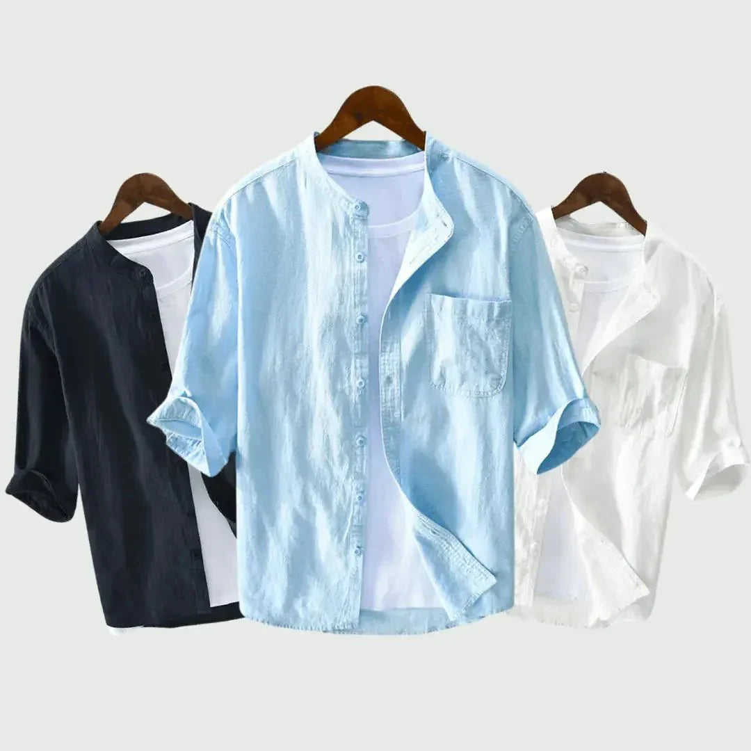 Camicia da uomo in lino — Vestibilità rilassata, maniche a tre quarti, chiusura frontale con bottoni