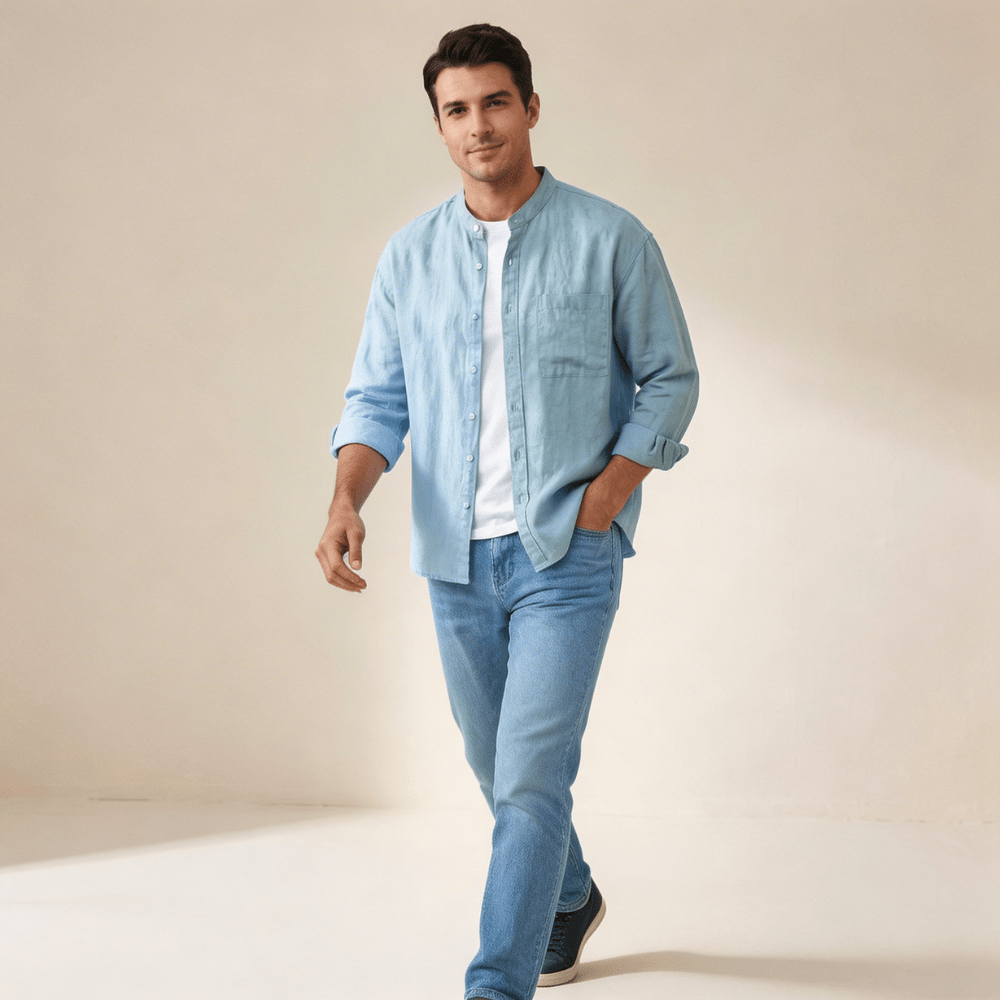 Camicia da uomo in lino — Vestibilità rilassata, maniche a tre quarti, chiusura frontale con bottoni